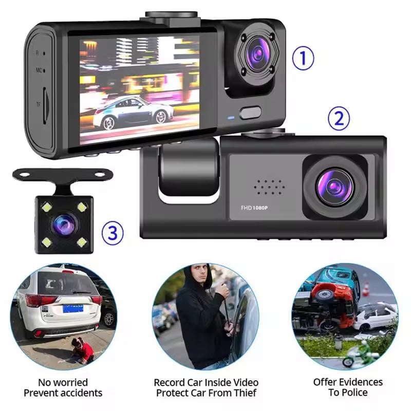 Dash Cam W/ IR Night Vision Loop Recording & 2" IPS Screen 1080P 3 Camera , DVR recorder, video recorder, Vehicle DVR